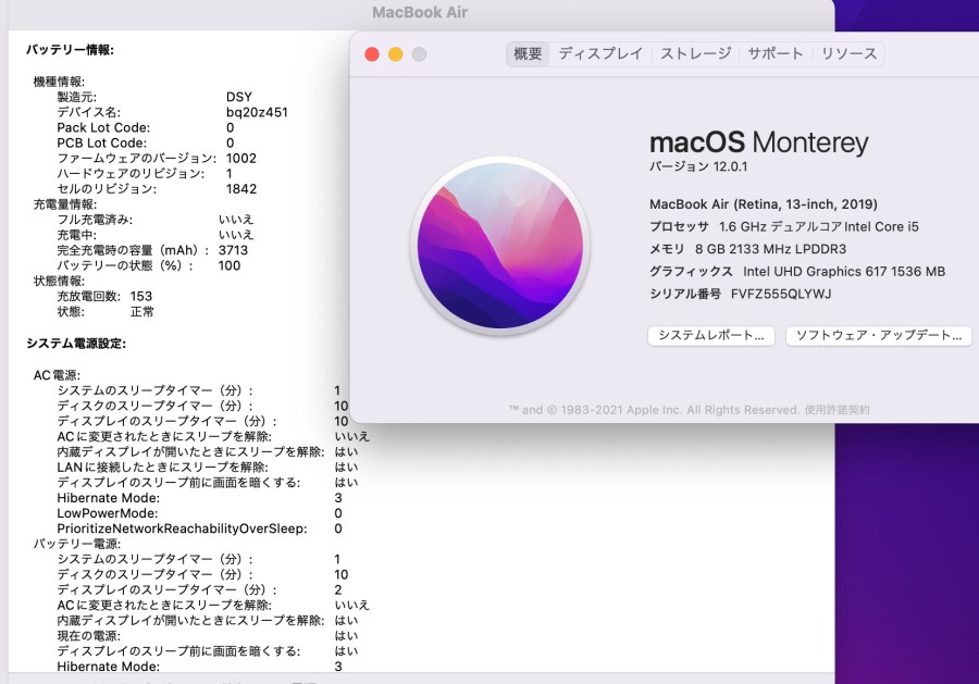 即日発送可 充放電回数153回 美品 高性能 2K対応 13.3インチ APPLE MacBook Air A1932 (True Tone, 2019) macOS 12 Monterey 八世代i5 8G 超高速SSD128G カメラ 無線 中古 パソコン